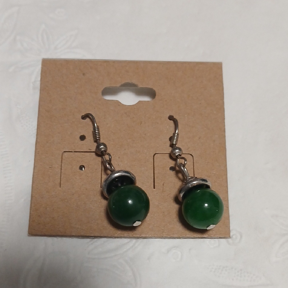 Green and Silver Dangle Earrings with Emerald Beads - Picture 3 of 4